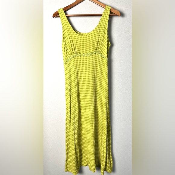 Vintage 70s Flower Power‎ Lemon Lime Plaid Midi Dress Embroidered Size Small - Picture 1 of 11